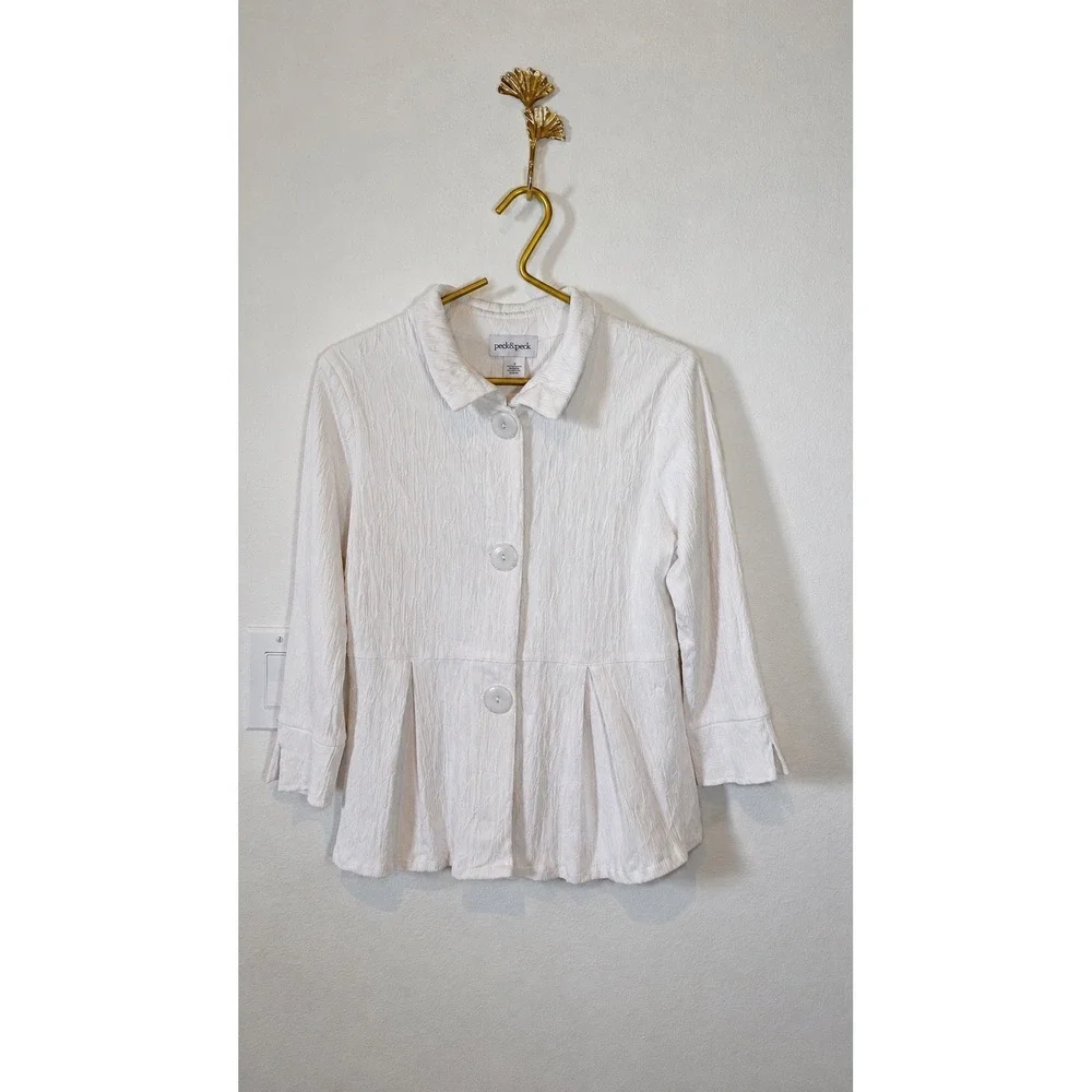 Peck & Peck Soft Luxury Tailored White Textured Crinkle Button Peplum Vintage S - Picture 1 of 8